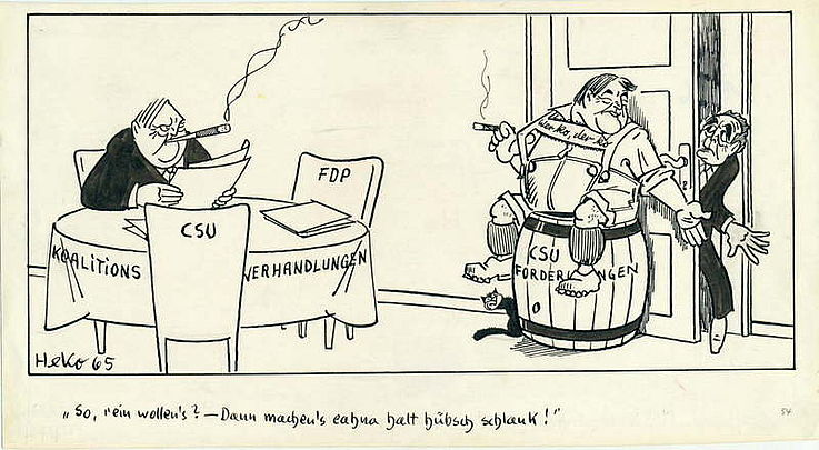 Karikatur von Herbert Kolfhaus 1965 zu den Koalitionsverhandlungen