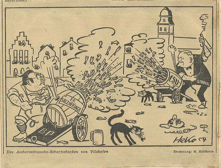 Karikatur von Herbert Kolfhaus 1954 anlässlich des Poltischen Aschermittwochs in Vilshofen