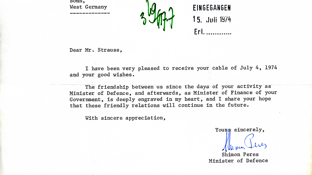 Brief von Shimon Peres an Franz Josef Strauß 1974