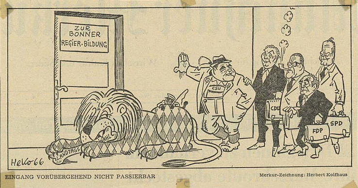Karikatur von Herbert Kolfhaus im Münchner Merkur 1966 anlässlich der Verhandlungen zur Bildung einer neuen Bundesregierung