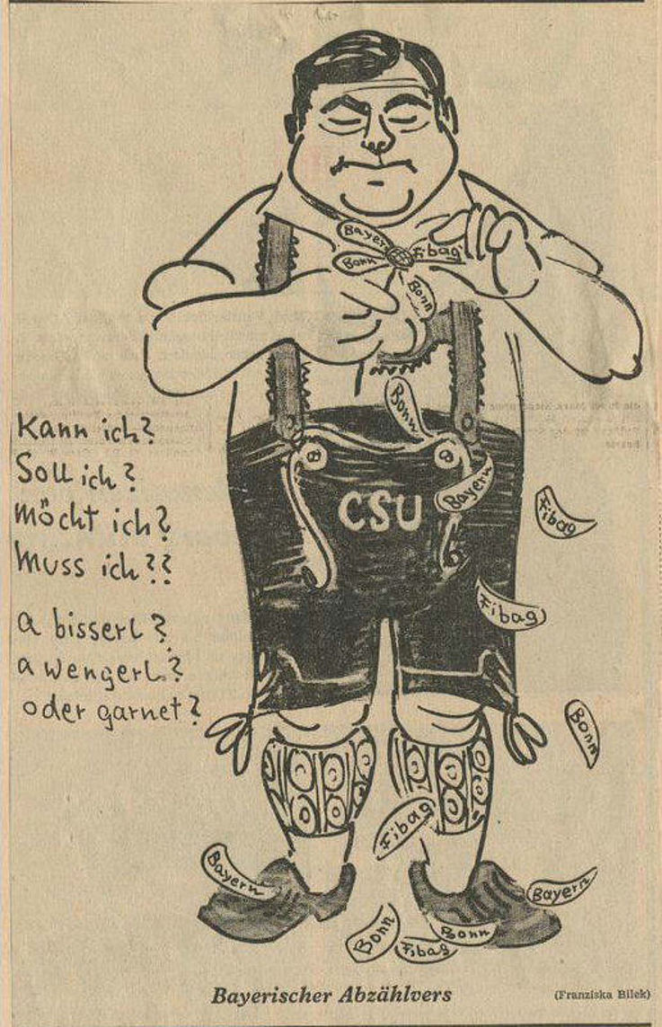 Karikatur von Franziska Bilek in der Münchner Abendzeitung 1962 zu Spekulationen über einen Wechsel von Franz Josef Strauß in die Bayerische Landespolitik.