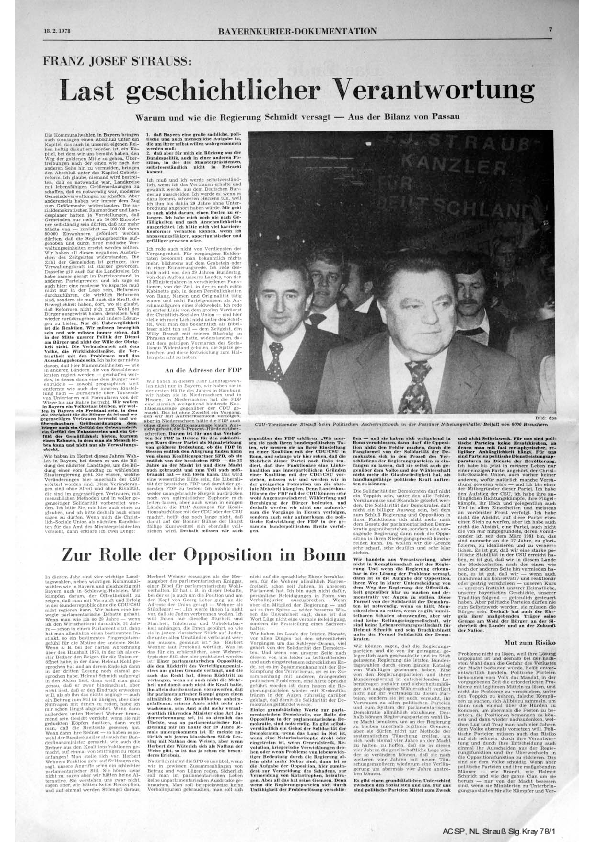 Zusammenfassung der wichtigsten Passagen der Rede am Politischen Aschermittwoch in der Parteizeitung "Bayernkurier" 1978