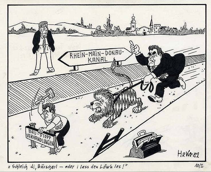 Karikatur von Herbert Kolfhaus 1982 zu Plänen des Bundesverkehrsministers Volker Hauff einen Baustopp für den Rhein-Main-Donaukanal zu verfügen.