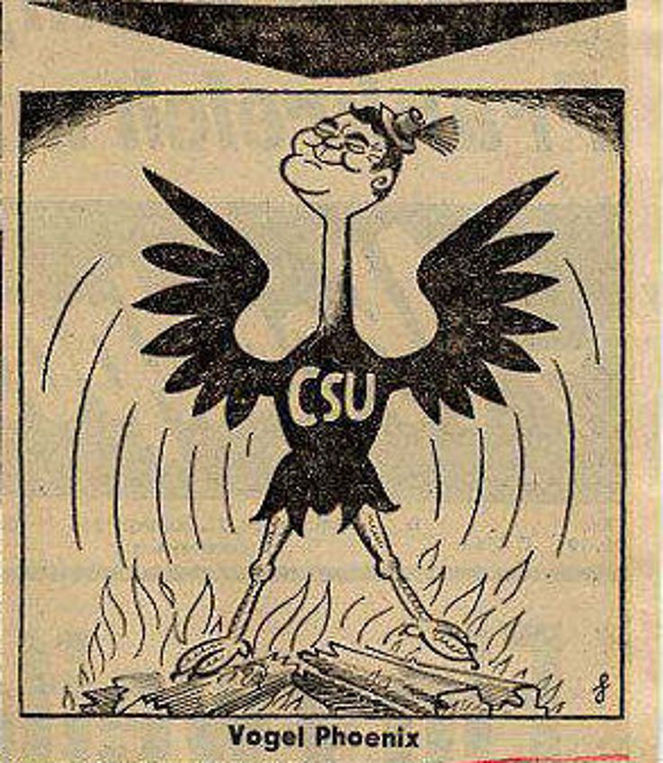 Karikatur von Heinrich Heyne in der Abendpost Frankfurt am Main 1963 anlässlich der Wahl von Franz Josef Strauß zum Landesgruppenvorsitzenden