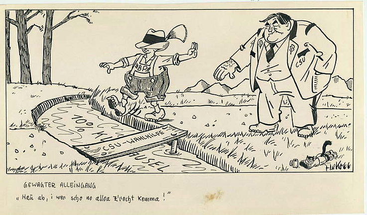 Karikatur von Herbert Kolfhaus zur Ablehnung eines Wahlhilfeangebots an die Bayernpartei anlässlich der Landtagswahl 1966