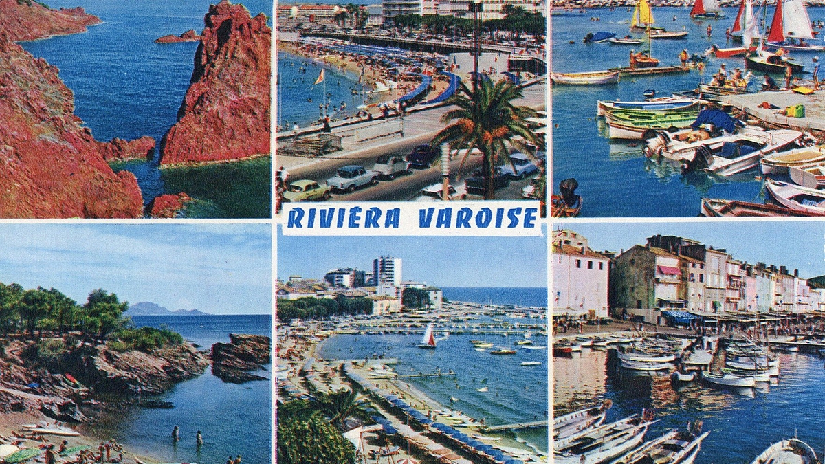 Postkarte von Marianne und Franz Josef Strauß aus Les Issambres vom 22. August 1970, Vorderseite. Abgebildet sind die Felsformation „Rocher de la Cathédrale am Cap Dramont“ (links oben), die Felsbucht „Les Calanques des Issambres“ (links unten), die Strände von Saint Raphael (oben mittig) und Sainte-Maxime (unten mittig) sowie die Häfen von Saint Aygulf (rechts oben) und Saint-Tropez (rechts unten). 