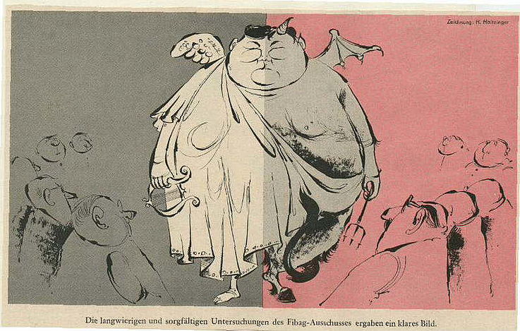 Karikatur von Horst Haitzinger in der Zeitschrift "Simplicissimus" 1962 anlässlich des Abschlusses des Fibag-Untersuchungsausschusses