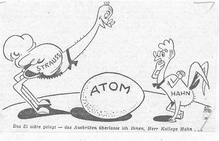 Karikatur Aho im Mannheimer Morgen 1956 zur Bildung der Deutschen Atomkommission als Beratungsorgan des Bundesministers für Atomfragen