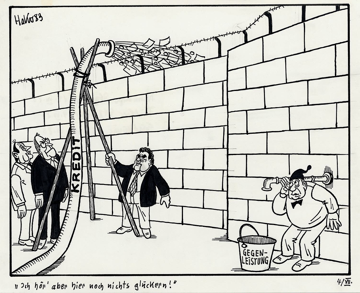 "Ich hör' aber hier noch nichts gluckern!" Karikatur von Herbert Kolfhaus zum Milliardenkredit