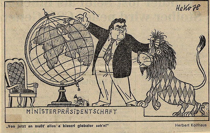 Karikatur von Herbert Kolfhaus 1978 anlässlich der Wahl von Franz Josef Strauß zum Bayerischen Ministerpräsidenten.