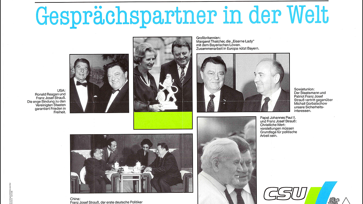 FJS mit Ronald Reagan, Margaret Thatcher, Michail Gorbatschow, Deng Xiaoping und Papst Johannes Paul II.