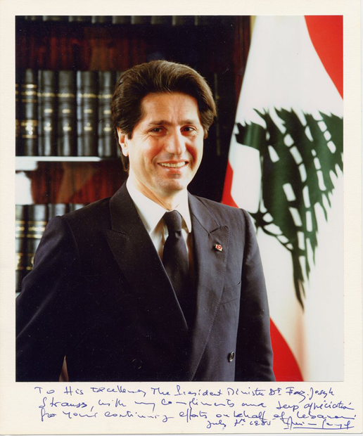 Persönlicher Dank des libanesischen Präsidenten Amin Gemayel für Vermittlungsversuche im Libanon-Konflikt 1985